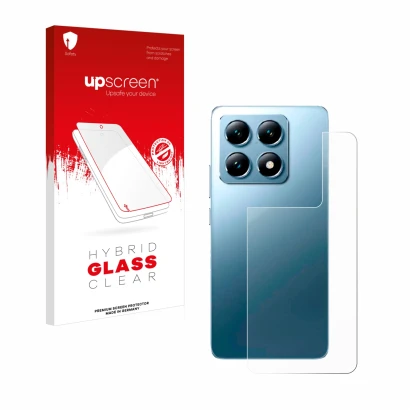 Parte frontal de un envase de producto con el logotipo de la marca upscreen. Al lado se muestra el dispositivo Xiaomi 14T Pro 