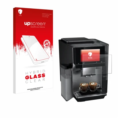 Parte frontal de un envase de producto con el logotipo de la marca upscreen. Al lado se muestra el dispositivo Siemens EQ700 c