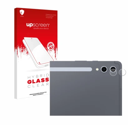 Parte frontal de un envase de producto con el logotipo de la marca upscreen. Al lado se muestra el dispositivo Samsung Galaxy
