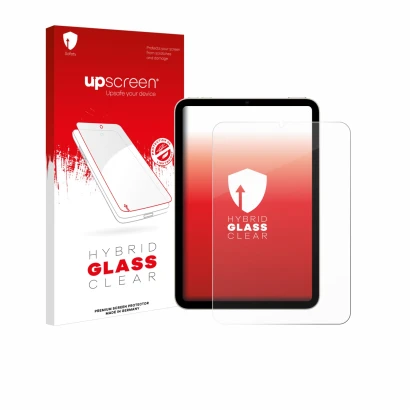 Parte frontal de un envase de producto con el logotipo de la marca upscreen. Al lado se muestra el dispositivo Apple iPad Mini