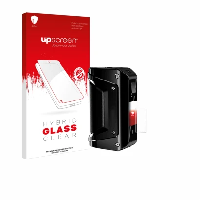 Parte frontal de un envase de producto con el logotipo de la marca upscreen. Al lado se muestra el dispositivo geekvape Aegis 