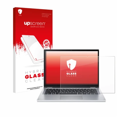 Parte frontal de un envase de producto con el logotipo de la marca upscreen. Al lado se muestra el dispositivo Acer Aspire 3 S