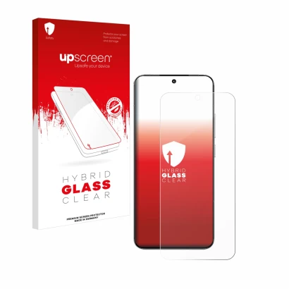 Parte frontal de un envase de producto con el logotipo de la marca upscreen. Al lado se muestra el dispositivo Xiaomi 15 con s