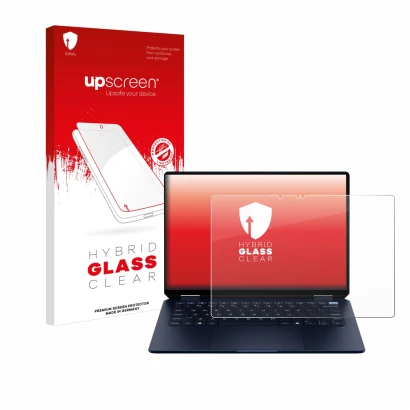 Parte frontal de un envase de producto con el logotipo de la marca upscreen. Al lado se muestra el dispositivo HP OmniBook Ult