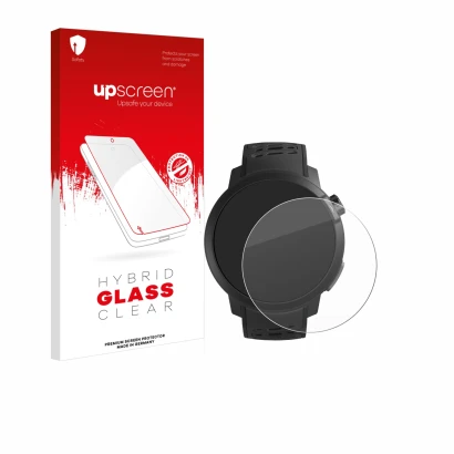 Parte frontal de un envase de producto con el logotipo de la marca upscreen. Al lado se muestra el dispositivo Coros Pace Pro 