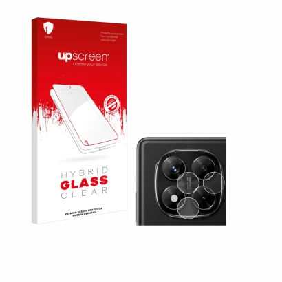 Parte frontal de un envase de producto con el logotipo de la marca upscreen. Al lado se muestra el dispositivo Xiaomi Redmi No