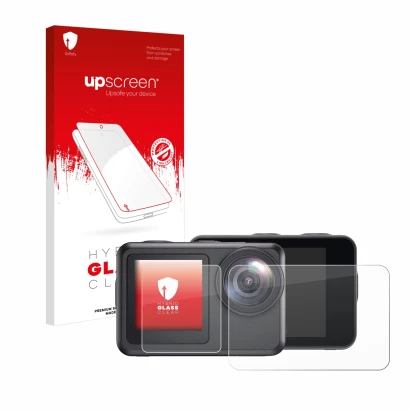 Parte frontal de un envase de producto con el logotipo de la marca upscreen. Al lado se muestra el dispositivo Akaso Brave 7 L