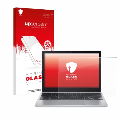Parte frontal de un envase de producto con el logotipo de la marca upscreen. Al lado se muestra el dispositivo Acer Chromebook