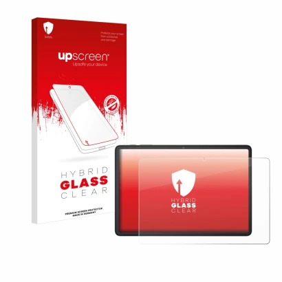 Parte frontal de un envase de producto con el logotipo de la marca upscreen. Al lado se muestra el dispositivo Blackview Tab 6