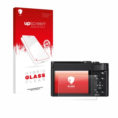 Parte frontal de un envase de producto con el logotipo de la marca upscreen. Al lado se muestra el dispositivo Panasonic Lumix