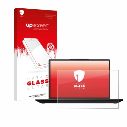 Parte frontal de un envase de producto con el logotipo de la marca upscreen. Al lado se muestra el dispositivo Lenovo ThinkPad