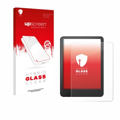 Parte frontal de un envase de producto con el logotipo de la marca upscreen. Al lado se muestra el dispositivo Amazon Kindle P