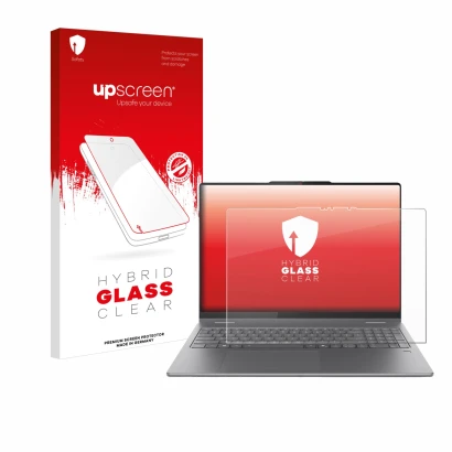 Parte frontal de un envase de producto con el logotipo de la marca upscreen. Al lado se muestra el dispositivo Lenovo Yoga 7 2