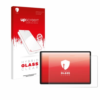 Parte frontal de un envase de producto con el logotipo de la marca upscreen. Al lado se muestra el dispositivo Lenovo Yoga Tab