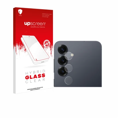 Parte frontal de un envase de producto con el logotipo de la marca upscreen. Al lado se muestra el dispositivo Samsung Galaxy 