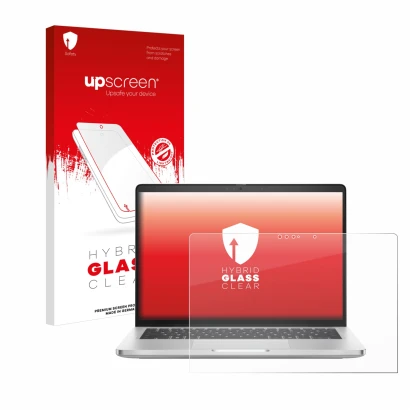 Parte frontal de un envase de producto con el logotipo de la marca upscreen. Al lado se muestra el dispositivo Dell Pro 14 Plu