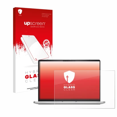 Parte frontal de un envase de producto con el logotipo de la marca upscreen. Al lado se muestra el dispositivo Dell Pro 16 Plu