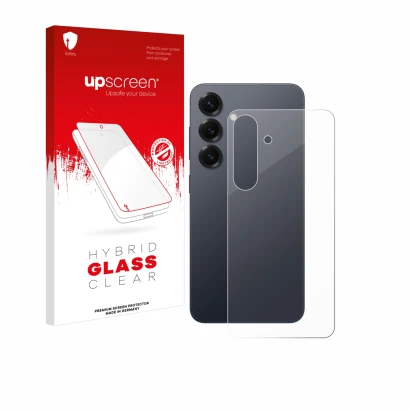 Parte frontal de un envase de producto con el logotipo de la marca upscreen. Al lado se muestra el dispositivo Samsung Galaxy 