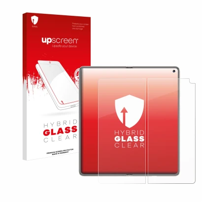Parte frontal de un envase de producto con el logotipo de la marca upscreen. Al lado se muestra el dispositivo Huawei Mate X6 