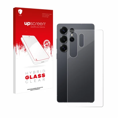 Parte frontal de un envase de producto con el logotipo de la marca upscreen. Al lado se muestra el dispositivo Samsung Galaxy 