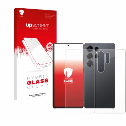 Parte frontal de un envase de producto con el logotipo de la marca upscreen. Al lado se muestra el dispositivo Samsung Galaxy 