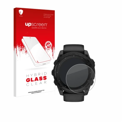 Parte frontal de un envase de producto con el logotipo de la marca upscreen. Al lado se muestra el dispositivo Garmin Tactix 8