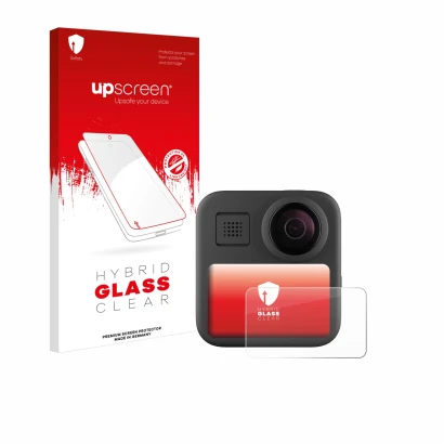 Parte frontal de un envase de producto con el logotipo de la marca upscreen. Al lado se muestra el dispositivo GoPro Max (2025