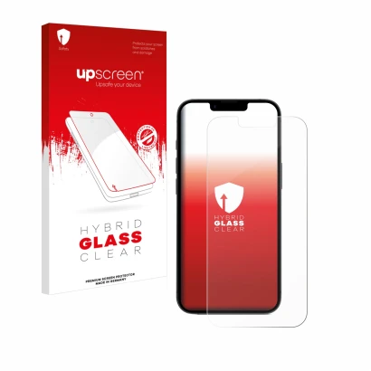 Parte frontal de un envase de producto con el logotipo de la marca upscreen. Al lado se muestra el dispositivo Apple iPhone 16
