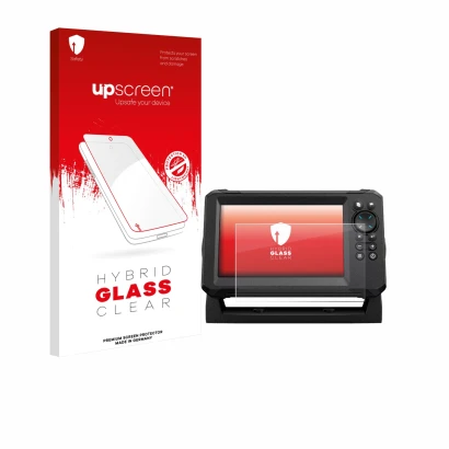 Parte frontal de un envase de producto con el logotipo de la marca upscreen. Al lado se muestra el dispositivo Lowrance Eagle 