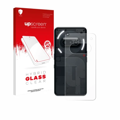 Parte frontal de un envase de producto con el logotipo de la marca upscreen. Al lado se muestra el dispositivo Nothing Phone (