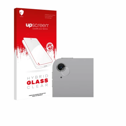 Parte frontal de un envase de producto con el logotipo de la marca upscreen. Al lado se muestra el dispositivo Apple iPad Air