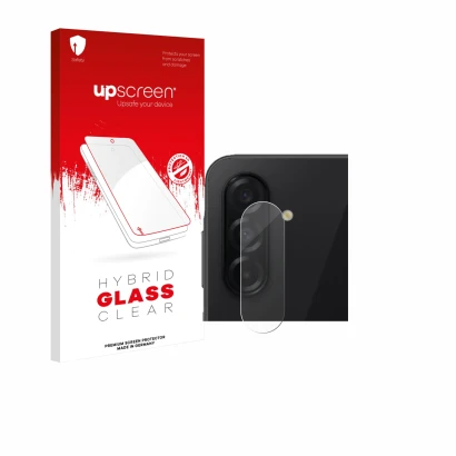 Parte frontal de un envase de producto con el logotipo de la marca upscreen. Al lado se muestra el dispositivo Samsung Galaxy 