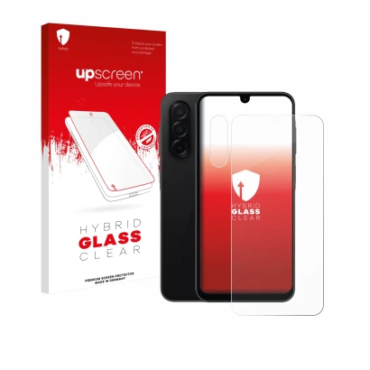 Parte frontal de un envase de producto con el logotipo de la marca upscreen. Al lado se muestra el dispositivo Samsung Galaxy