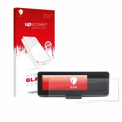 Parte frontal de un envase de producto con el logotipo de la marca upscreen. Al lado se muestra el dispositivo KTM 990 Duke R