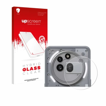 Parte frontal de un envase de producto con el logotipo de la marca upscreen. Al lado se muestra el dispositivo Nothing Phone (