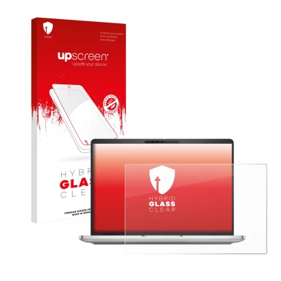 Parte frontal de un envase de producto con el logotipo de la marca upscreen. Al lado se muestra el dispositivo Dell Pro 13 Plu