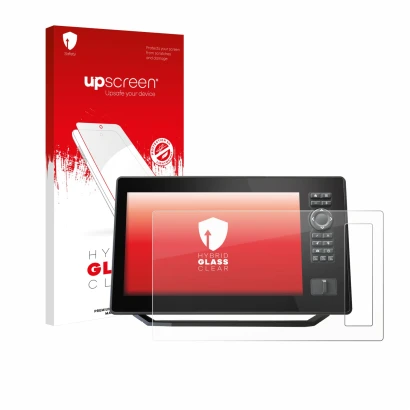 Parte frontal de un envase de producto con el logotipo de la marca upscreen. Al lado se muestra el dispositivo Humminbird Xplo