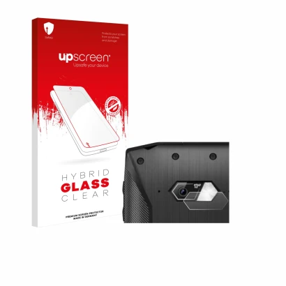Parte frontal de un envase de producto con el logotipo de la marca upscreen. Al lado se muestra el dispositivo Crosscall Core-