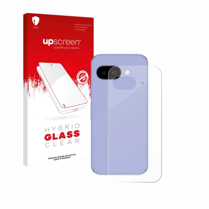 Parte frontal de un envase de producto con el logotipo de la marca upscreen. Al lado se muestra el dispositivo Google Pixel 9a