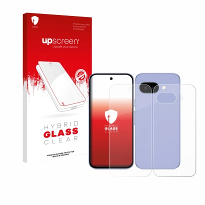 Parte frontal de un envase de producto con el logotipo de la marca upscreen. Al lado se muestra el dispositivo Google Pixel 9a