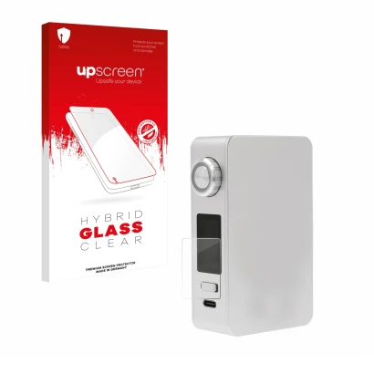 Parte frontal de un envase de producto con el logotipo de la marca upscreen. Al lado se muestra el dispositivo Lost Vape Centa