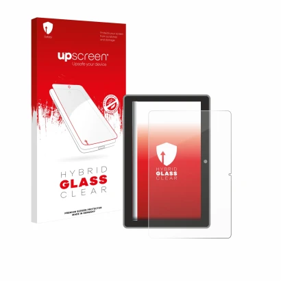 Parte frontal de un envase de producto con el logotipo de la marca upscreen. Al lado se muestra el dispositivo Lenovo Tab TB31