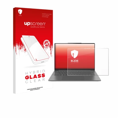 Parte frontal de un envase de producto con el logotipo de la marca upscreen. Al lado se muestra el dispositivo Lenovo Yoga Pro