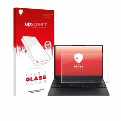 Parte frontal de un envase de producto con el logotipo de la marca upscreen. Al lado se muestra el dispositivo Lenovo ThinkPad