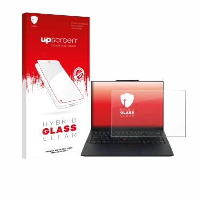 Parte frontal de un envase de producto con el logotipo de la marca upscreen. Al lado se muestra el dispositivo Lenovo ThinkPad