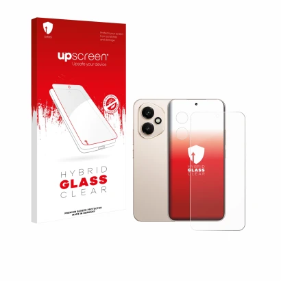 Parte frontal de un envase de producto con el logotipo de la marca upscreen. Al lado se muestra el dispositivo Honor 400 (Fron