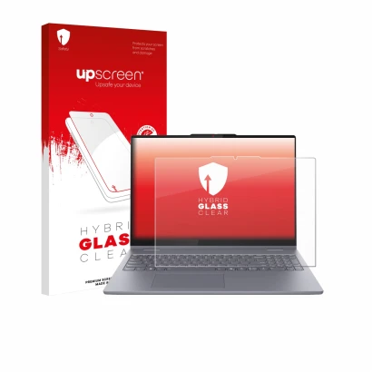 Parte frontal de un envase de producto con el logotipo de la marca upscreen. Al lado se muestra el dispositivo Lenovo IdeaPad 