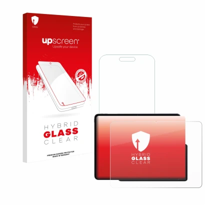 Parte frontal de un envase de producto con el logotipo de la marca upscreen. Al lado se muestra el dispositivo OnePlus Pad 3 c