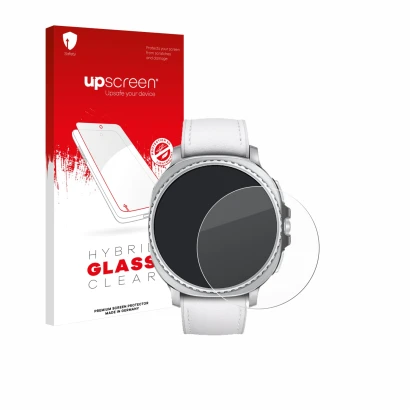 Parte frontal de un envase de producto con el logotipo de la marca upscreen. Al lado se muestra el dispositivo Samsung Galaxy