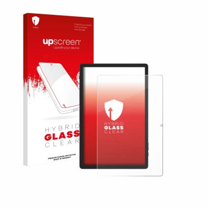 Parte frontal de un envase de producto con el logotipo de la marca upscreen. Al lado se muestra el dispositivo Doogee Tab E3 P